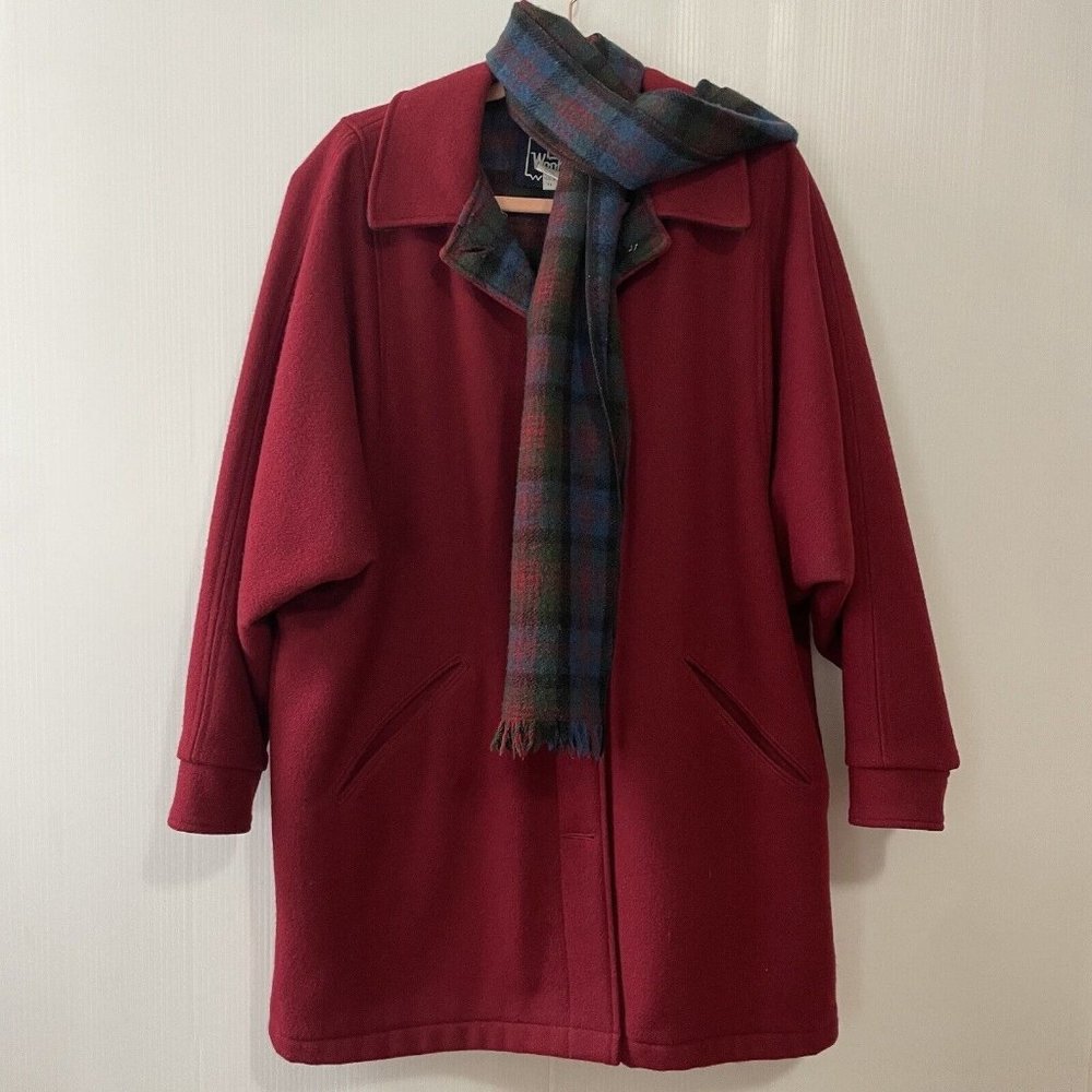 Vintage Woolrich Woman Red Plaid 100% Wool Jacket Coat/Scarf Sz L